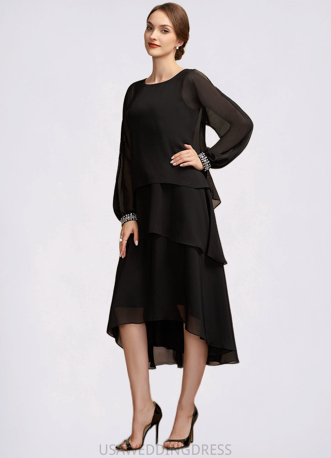 Selina A-Line Scoop Neck Asymmetrical Chiffon Mother of the Bride Dress With Beading DS126P0014862