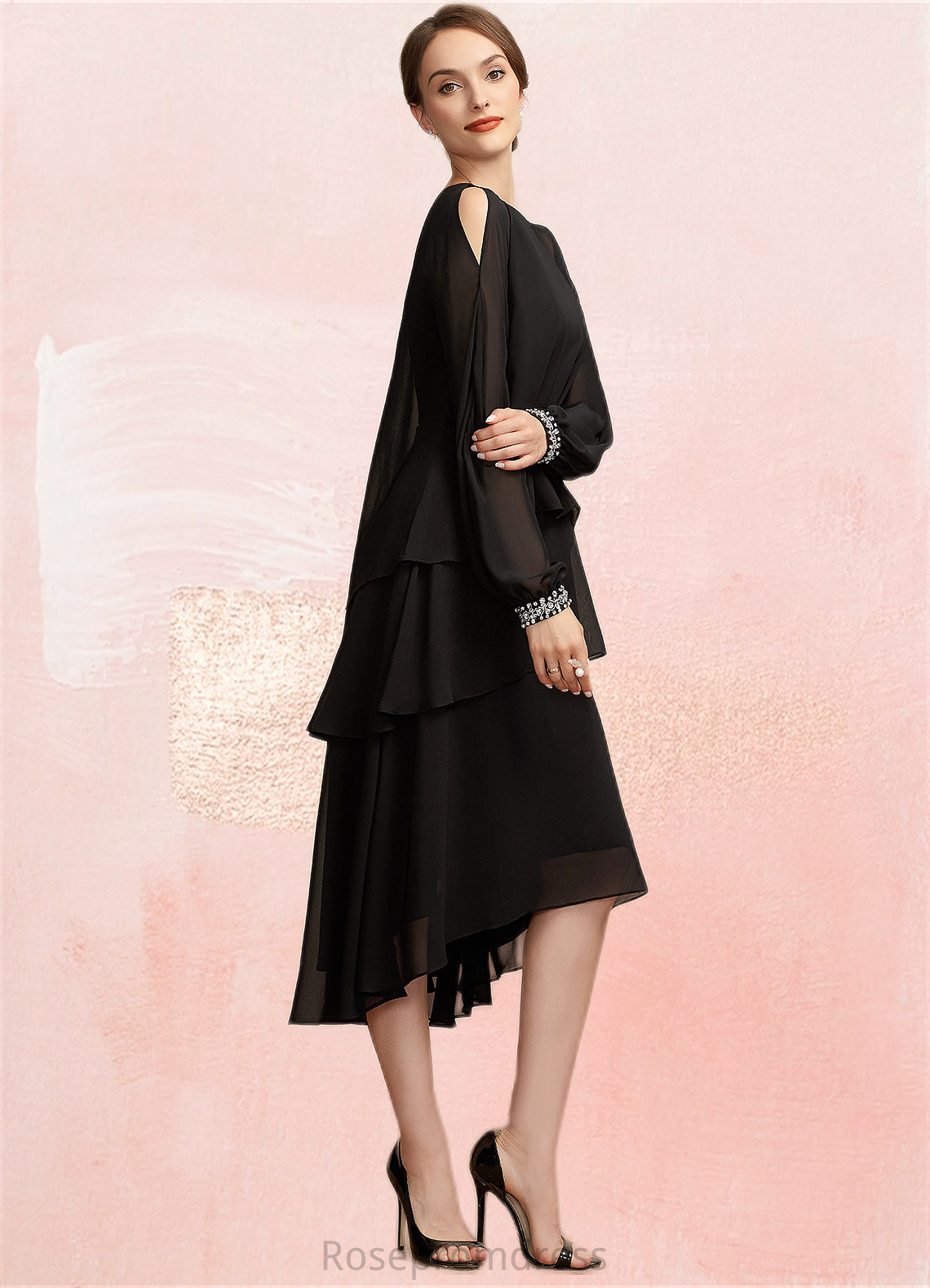 Scarlett A-Line Scoop Neck Asymmetrical Chiffon Mother of the Bride Dress With Beading SRS126P0014862