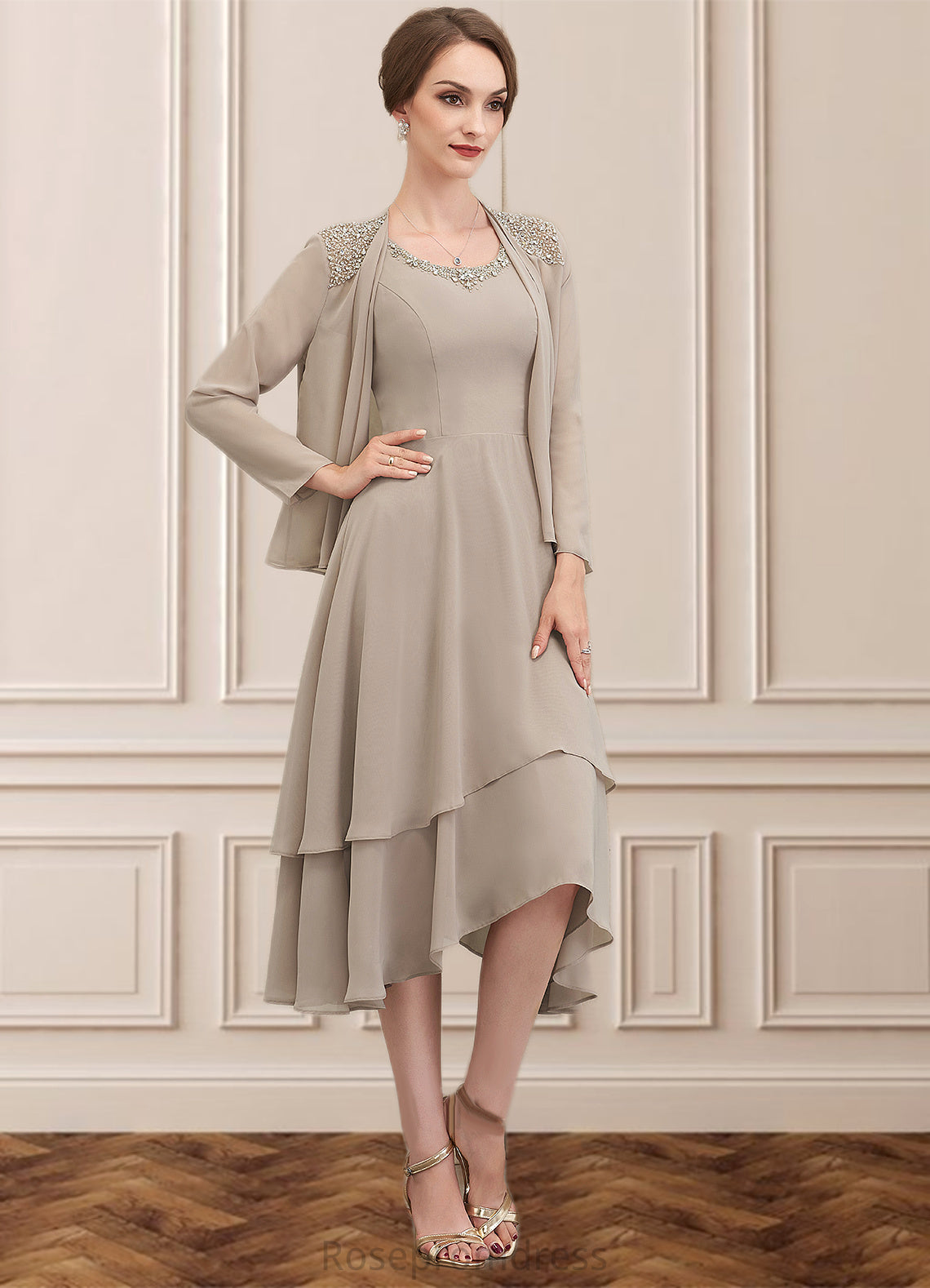 Elizabeth A-Line Scoop Neck Asymmetrical Chiffon Mother of the Bride Dress With Beading Sequins SRS126P0014866