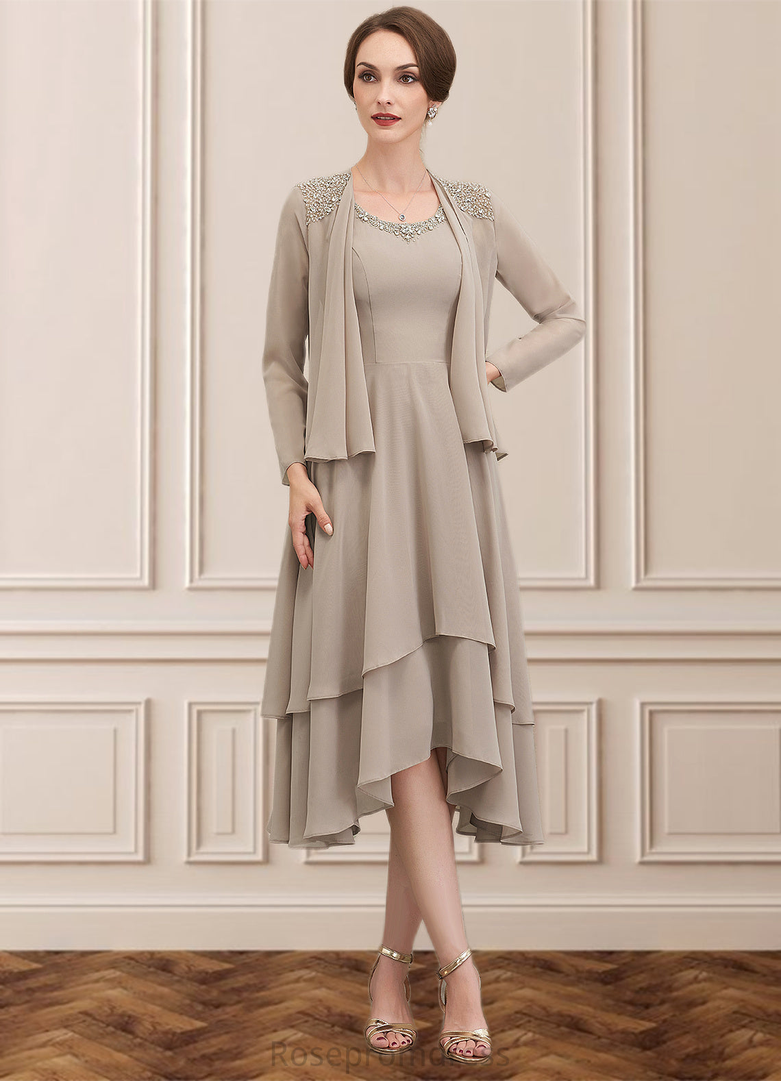 Elizabeth A-Line Scoop Neck Asymmetrical Chiffon Mother of the Bride Dress With Beading Sequins SRS126P0014866