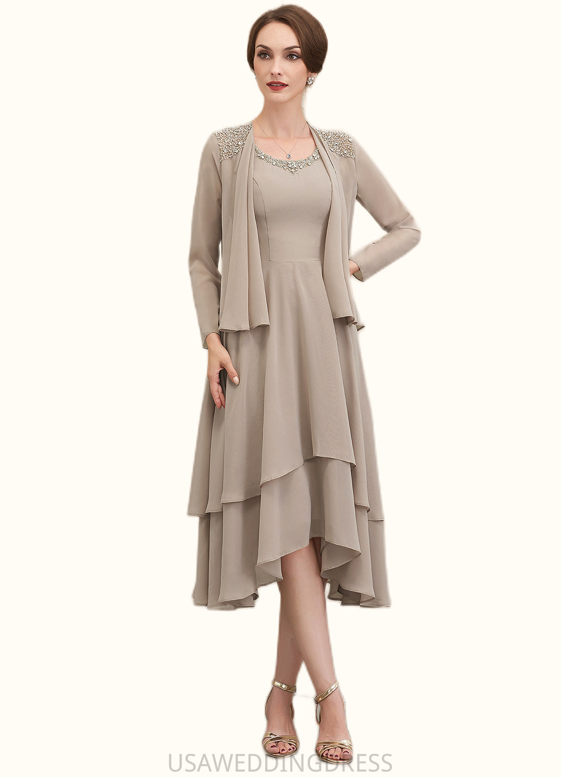 Sanaa A-Line Scoop Neck Asymmetrical Chiffon Mother of the Bride Dress With Beading Sequins DS126P0014866