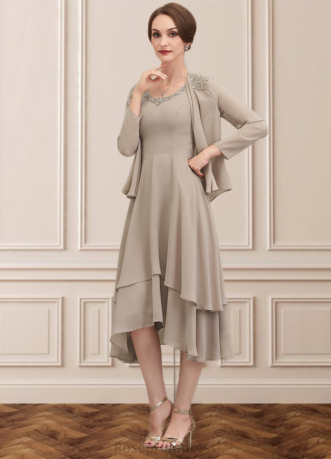 Elizabeth A-Line Scoop Neck Asymmetrical Chiffon Mother of the Bride Dress With Beading Sequins SRS126P0014866