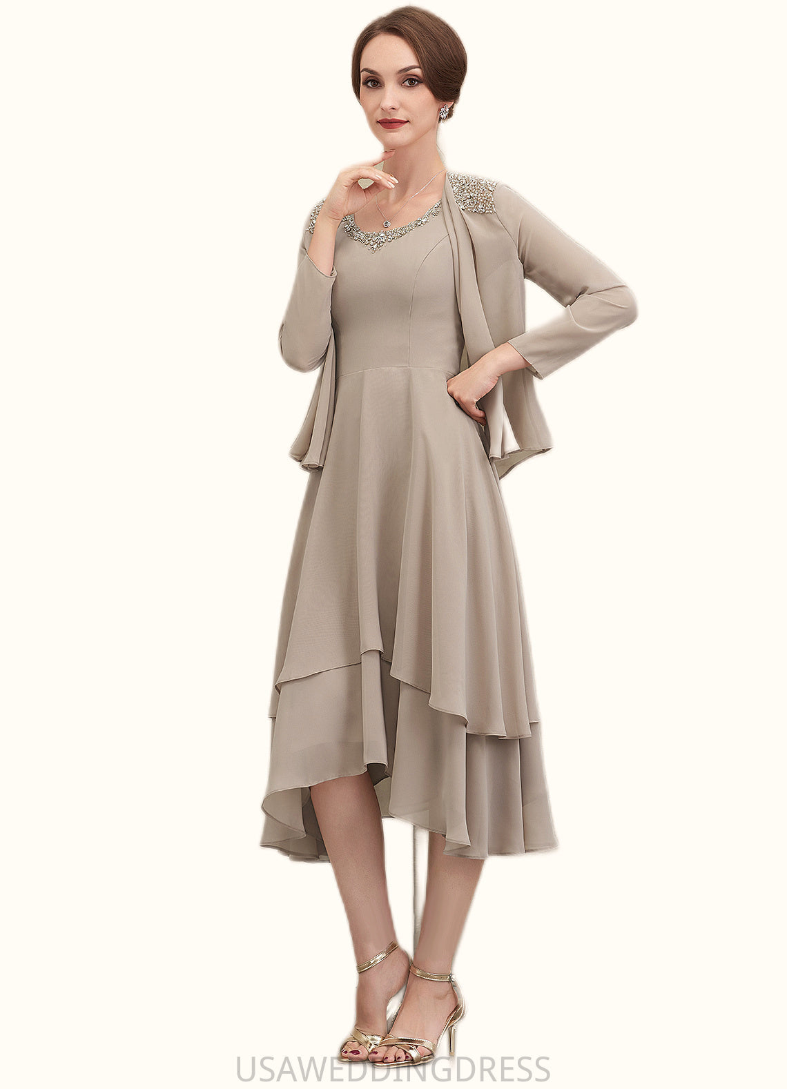 Sanaa A-Line Scoop Neck Asymmetrical Chiffon Mother of the Bride Dress With Beading Sequins DS126P0014866