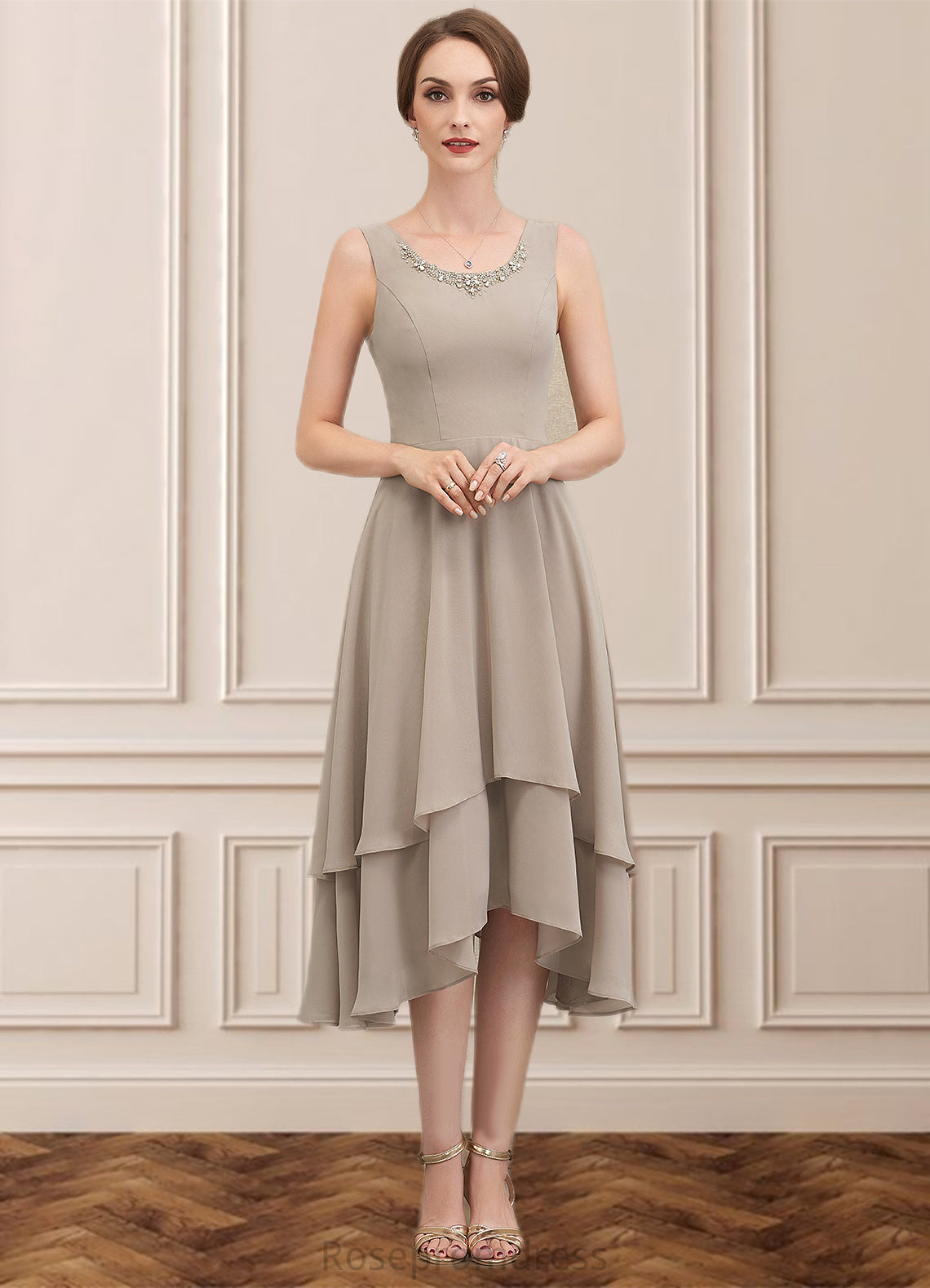 Elizabeth A-Line Scoop Neck Asymmetrical Chiffon Mother of the Bride Dress With Beading Sequins SRS126P0014866