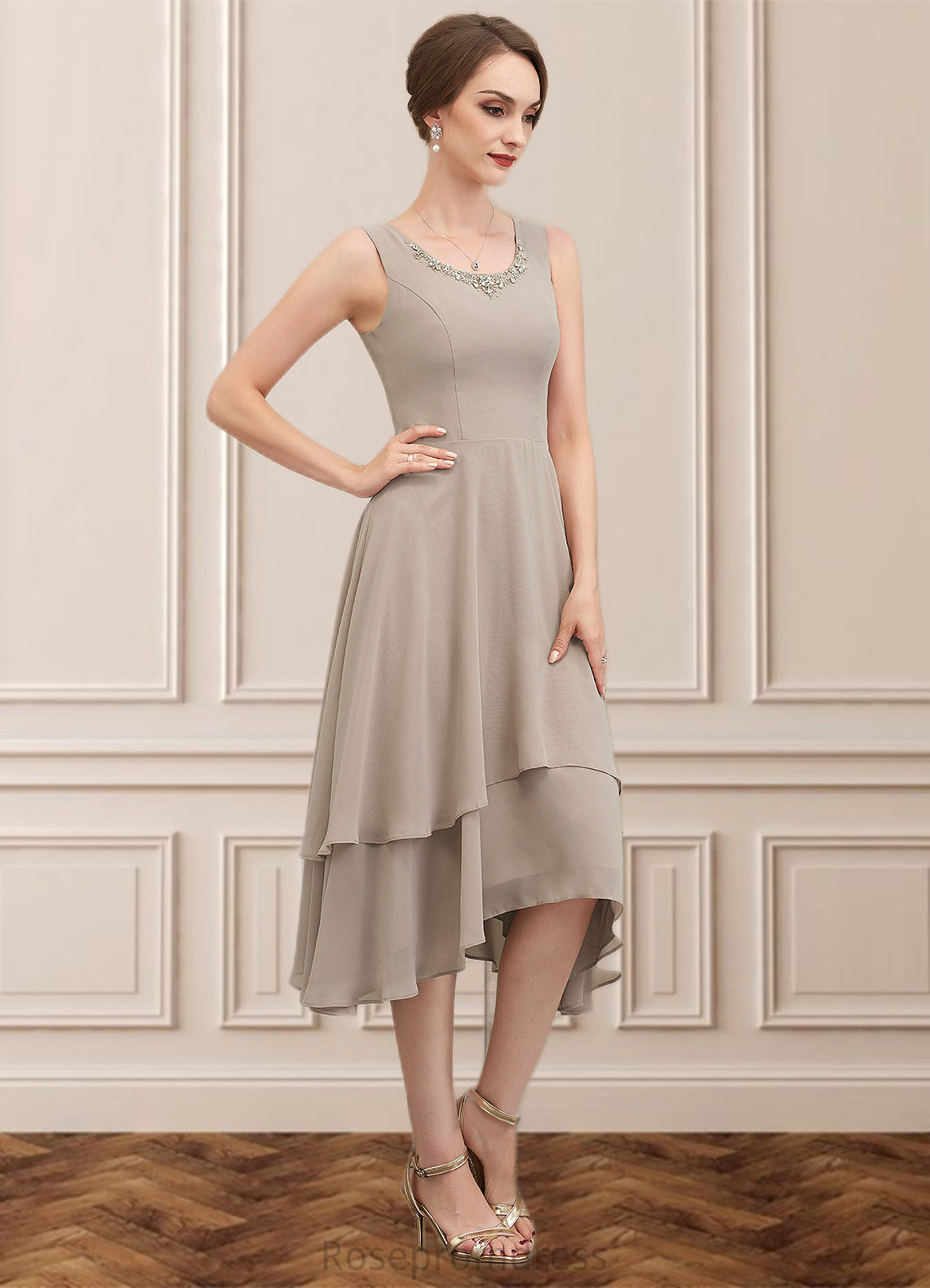 Elizabeth A-Line Scoop Neck Asymmetrical Chiffon Mother of the Bride Dress With Beading Sequins SRS126P0014866