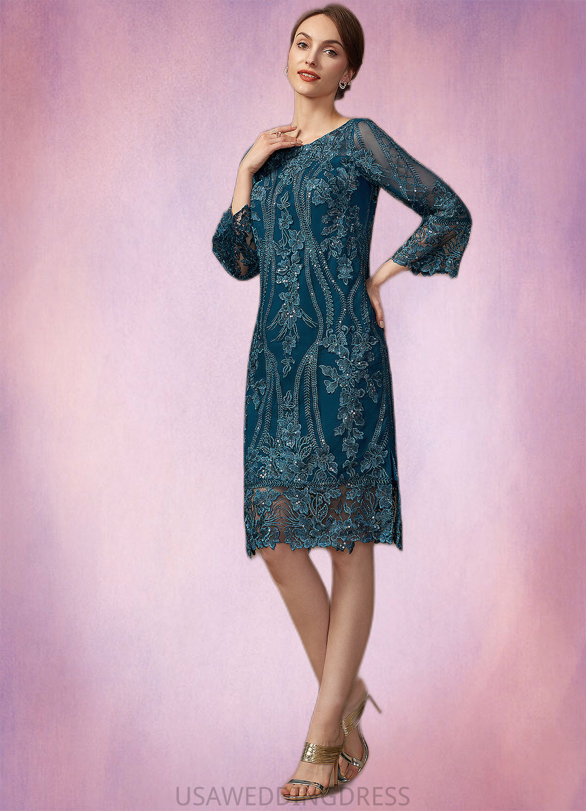 Alondra Sheath/Column Scoop Neck Knee-Length Lace Mother of the Bride Dress With Sequins DS126P0014867