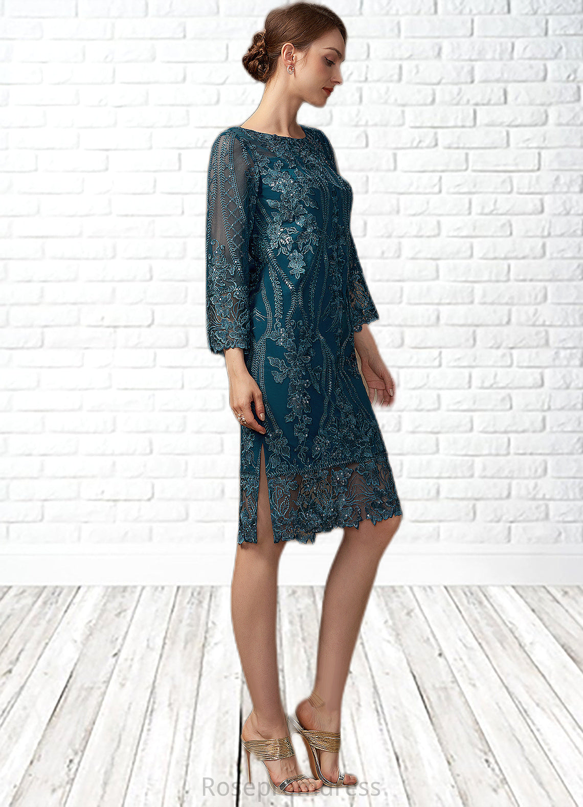 Everleigh Sheath/Column Scoop Neck Knee-Length Lace Mother of the Bride Dress With Sequins SRS126P0014867