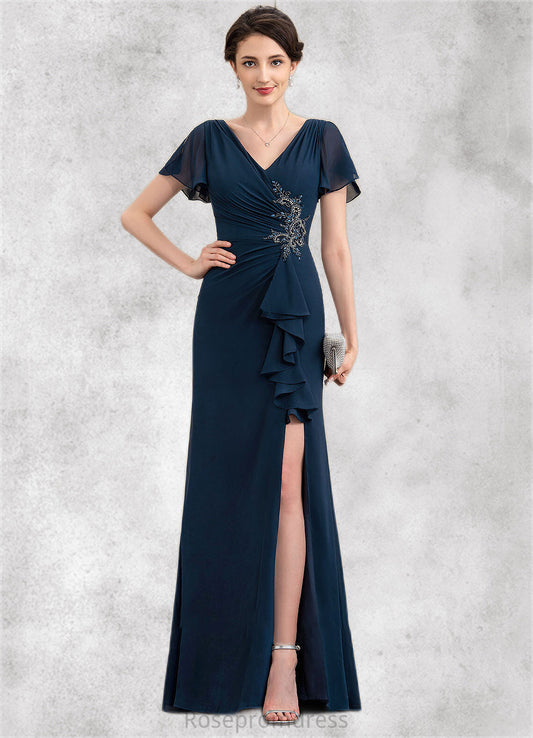 Mabel Sheath/Column V-neck Floor-Length Chiffon Mother of the Bride Dress With Beading Split Front Cascading Ruffles SRS126P0014868