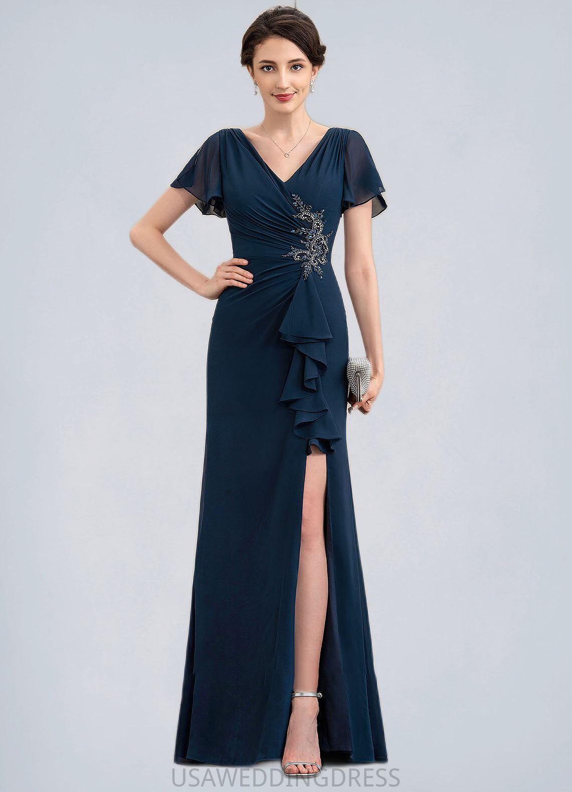 Autumn Sheath/Column V-neck Floor-Length Chiffon Mother of the Bride Dress With Beading Split Front Cascading Ruffles DS126P0014868