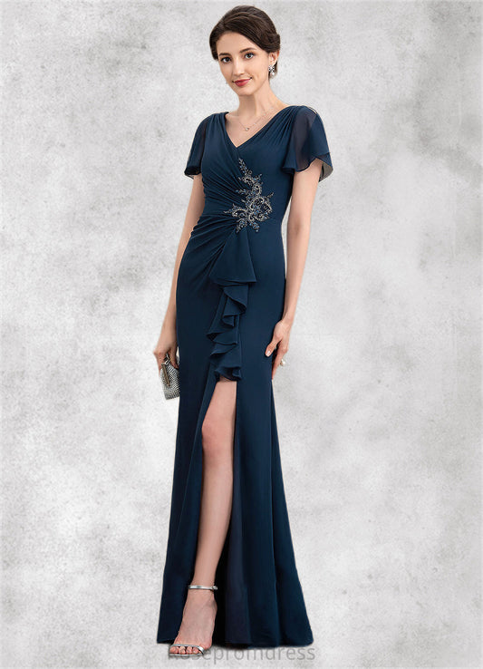Mabel Sheath/Column V-neck Floor-Length Chiffon Mother of the Bride Dress With Beading Split Front Cascading Ruffles SRS126P0014868