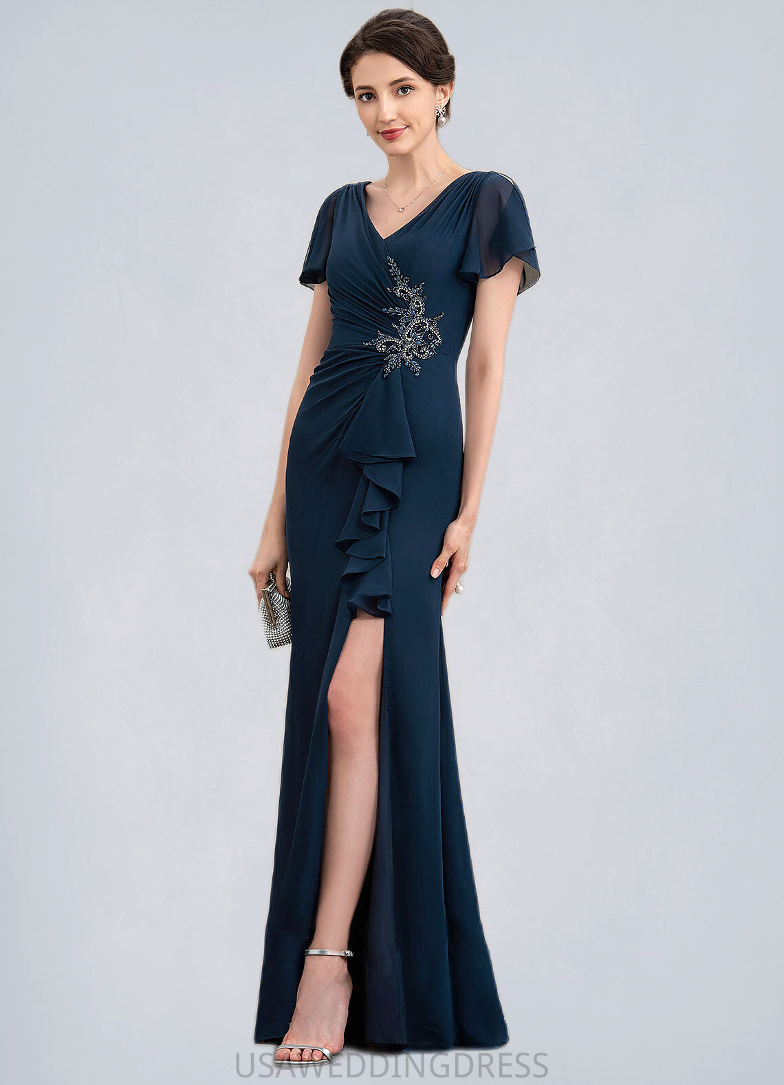 Autumn Sheath/Column V-neck Floor-Length Chiffon Mother of the Bride Dress With Beading Split Front Cascading Ruffles DS126P0014868