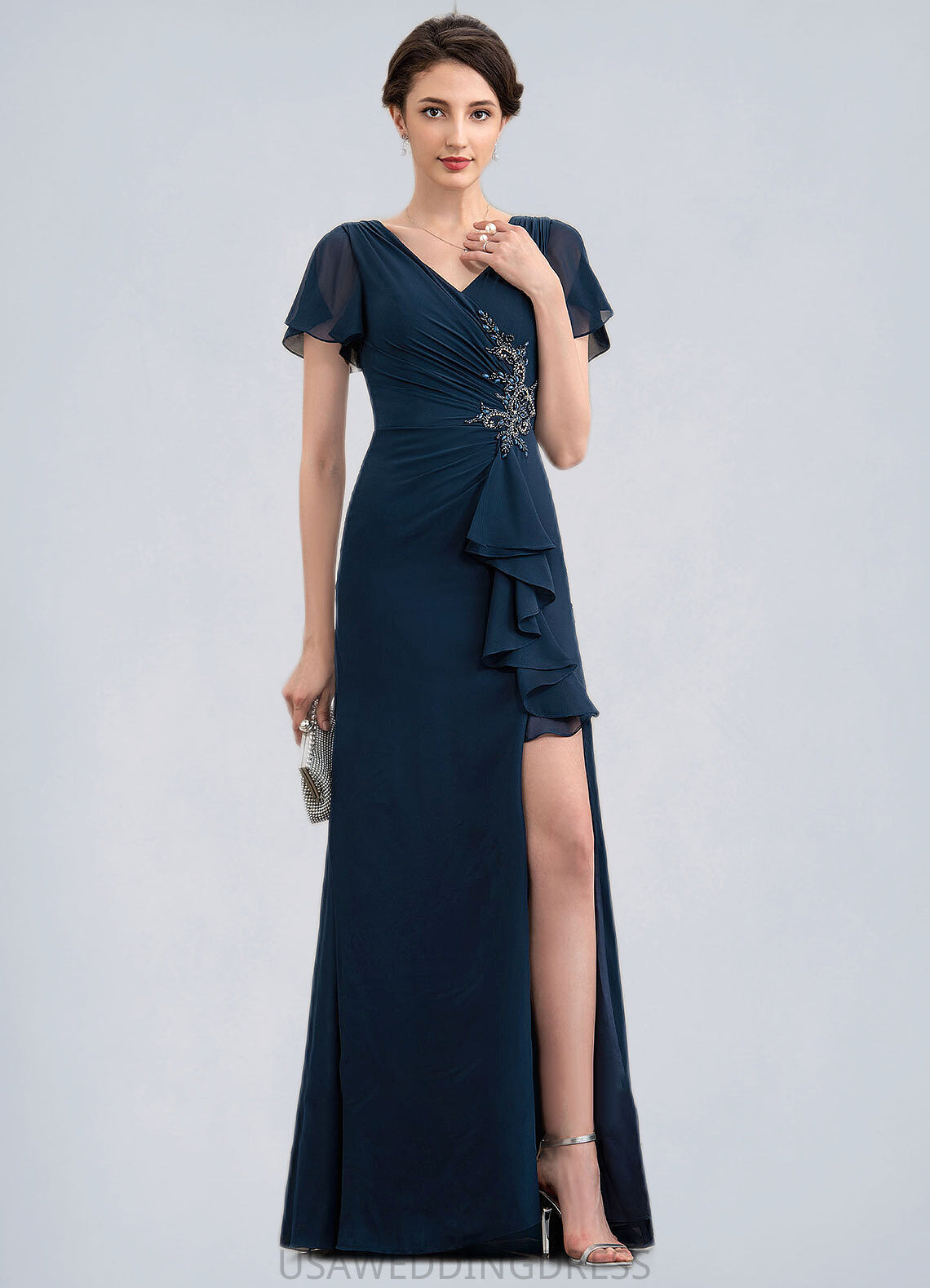 Autumn Sheath/Column V-neck Floor-Length Chiffon Mother of the Bride Dress With Beading Split Front Cascading Ruffles DS126P0014868