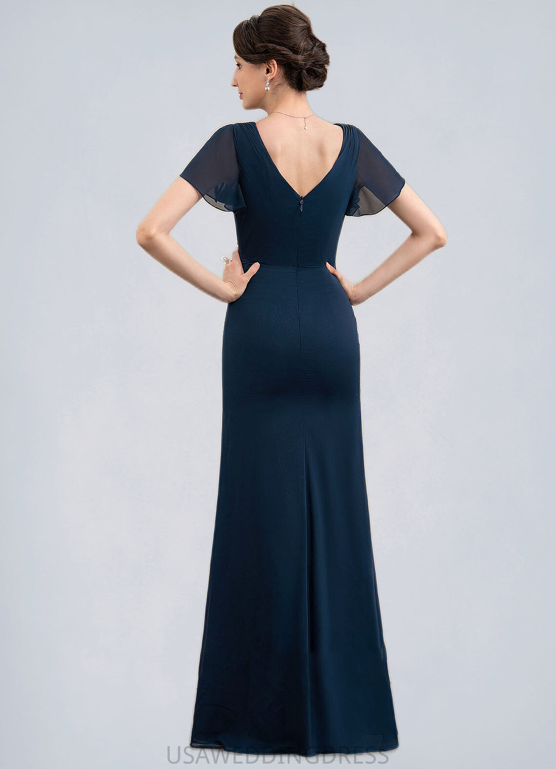 Autumn Sheath/Column V-neck Floor-Length Chiffon Mother of the Bride Dress With Beading Split Front Cascading Ruffles DS126P0014868