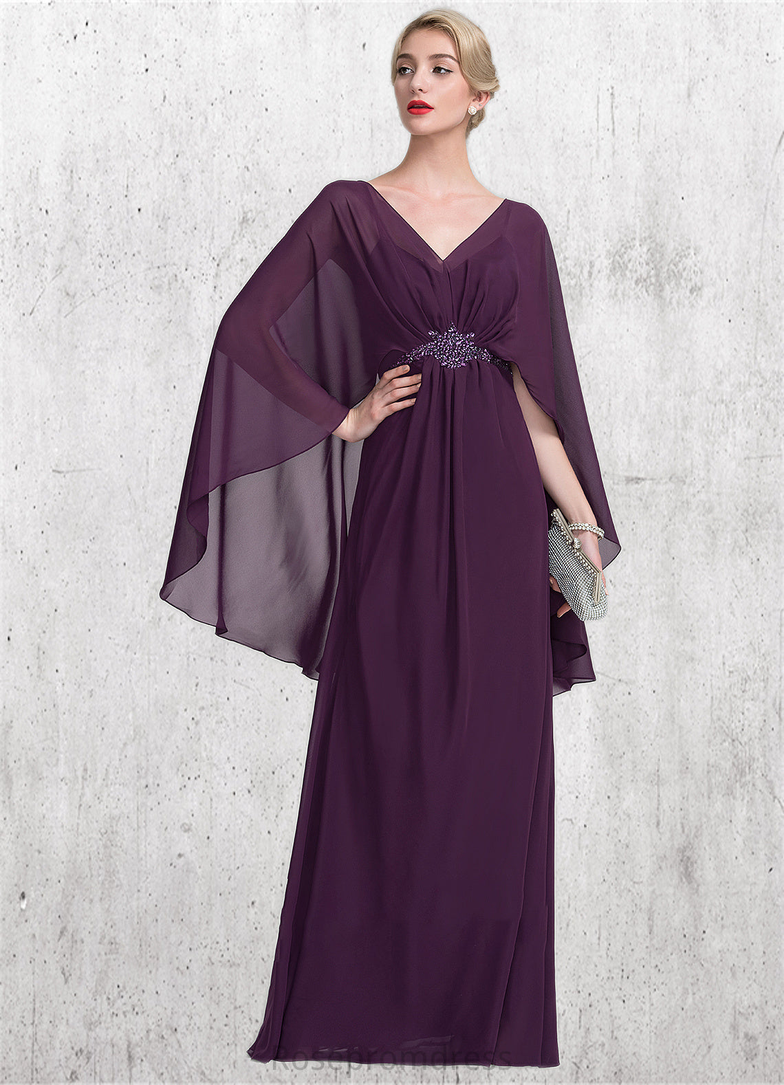 Val A-Line V-neck Floor-Length Chiffon Mother of the Bride Dress With Ruffle Beading SRS126P0014869