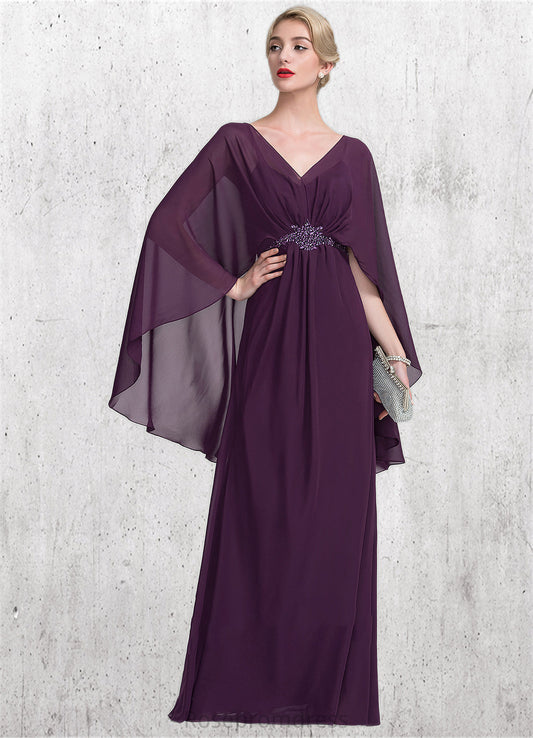 Val A-Line V-neck Floor-Length Chiffon Mother of the Bride Dress With Ruffle Beading SRS126P0014869