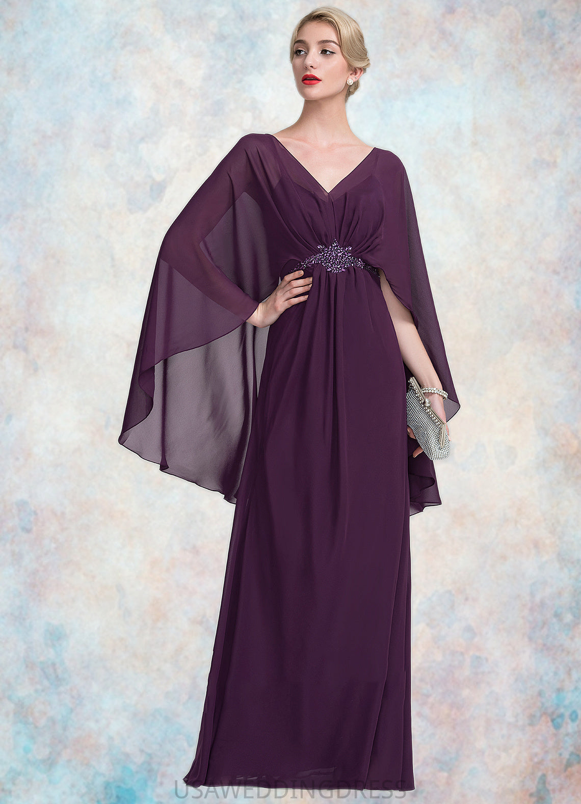 Raina A-Line V-neck Floor-Length Chiffon Mother of the Bride Dress With Ruffle Beading DS126P0014869