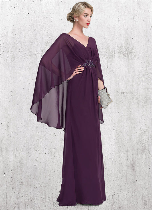 Val A-Line V-neck Floor-Length Chiffon Mother of the Bride Dress With Ruffle Beading SRS126P0014869