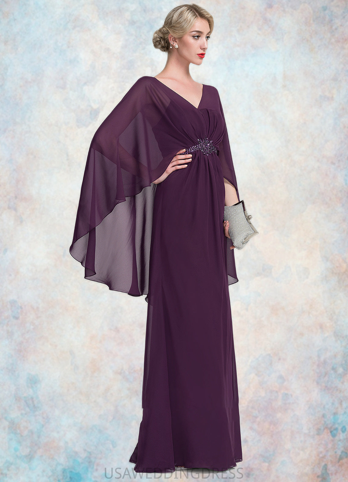 Raina A-Line V-neck Floor-Length Chiffon Mother of the Bride Dress With Ruffle Beading DS126P0014869