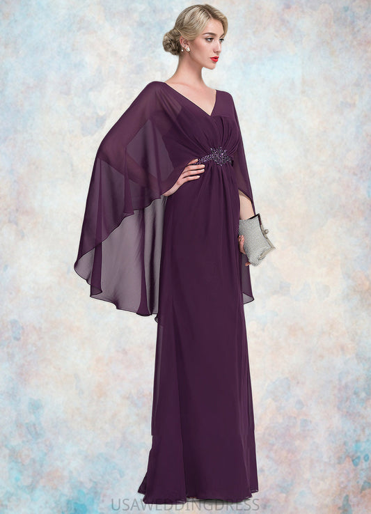 Raina A-Line V-neck Floor-Length Chiffon Mother of the Bride Dress With Ruffle Beading DS126P0014869