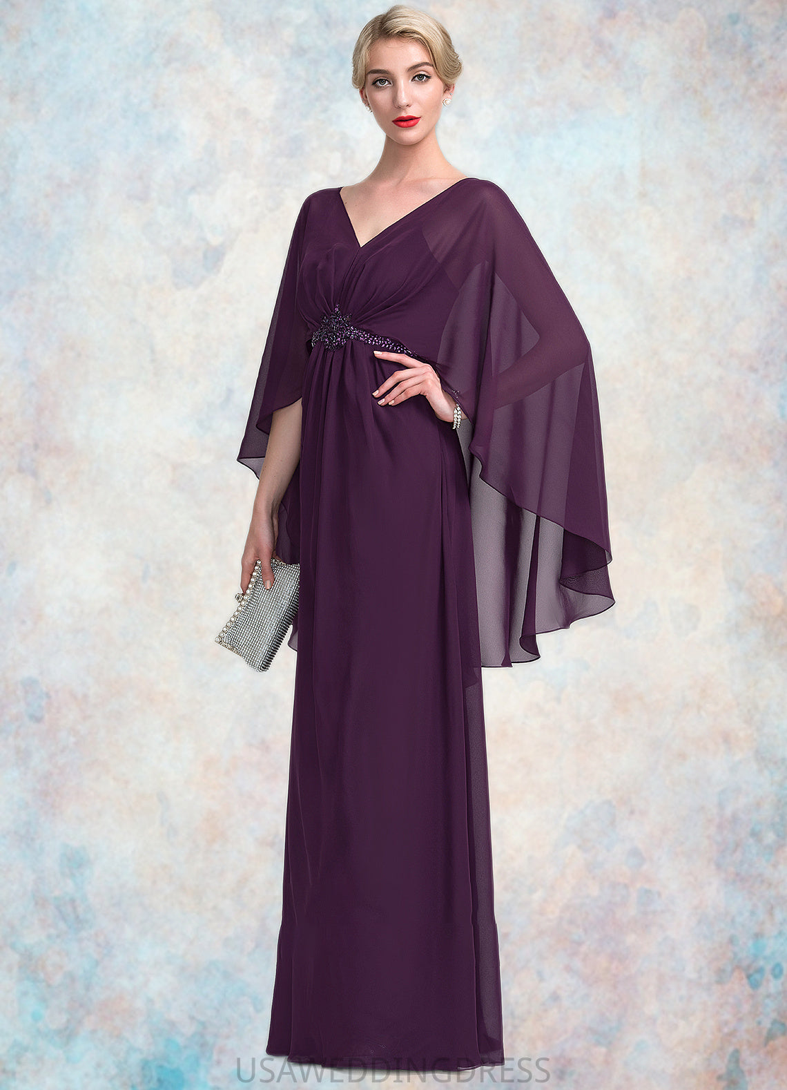 Raina A-Line V-neck Floor-Length Chiffon Mother of the Bride Dress With Ruffle Beading DS126P0014869