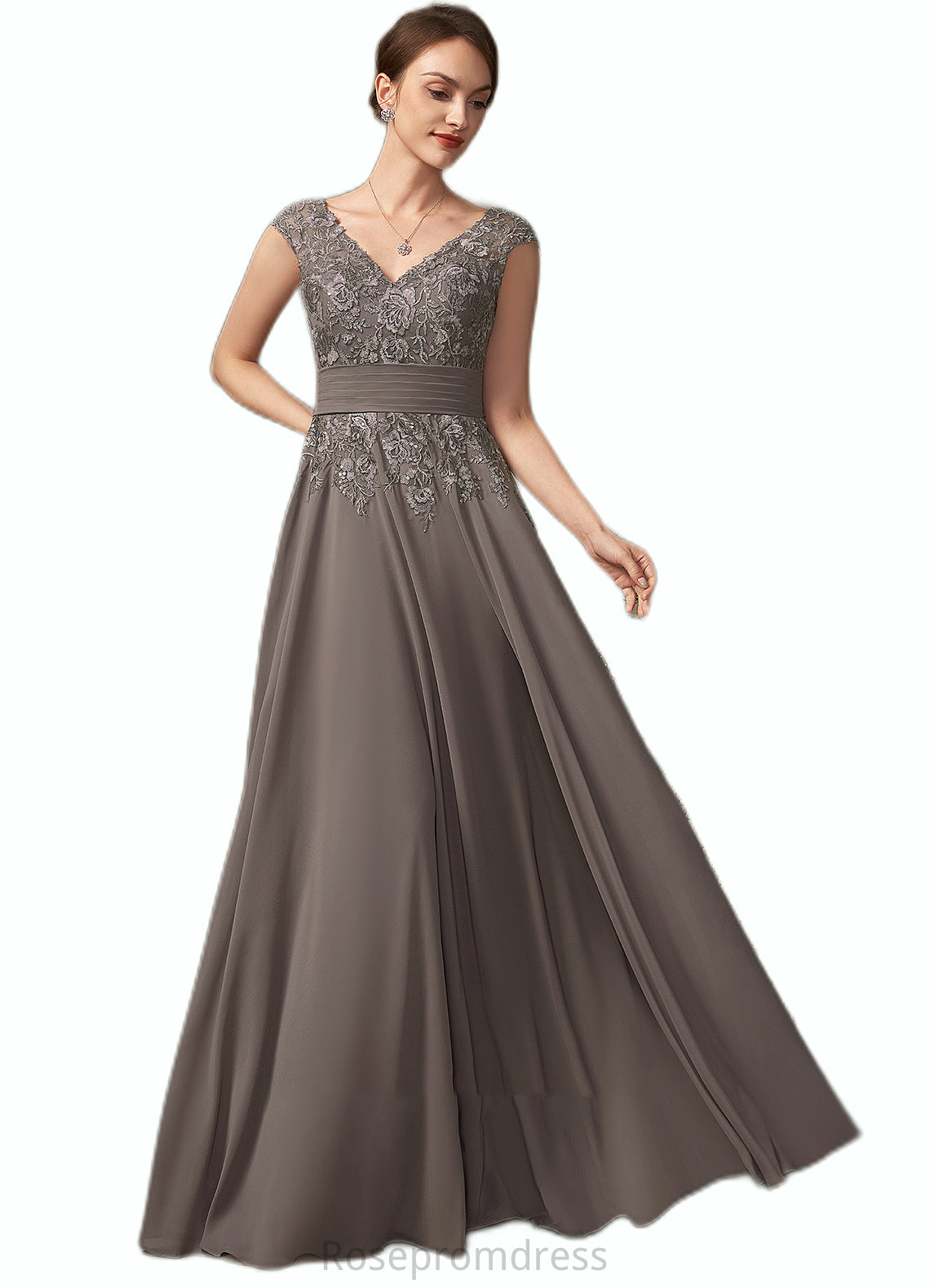 Caitlyn A-Line V-neck Floor-Length Chiffon Lace Mother of the Bride Dress With Ruffle Sequins SRS126P0014870