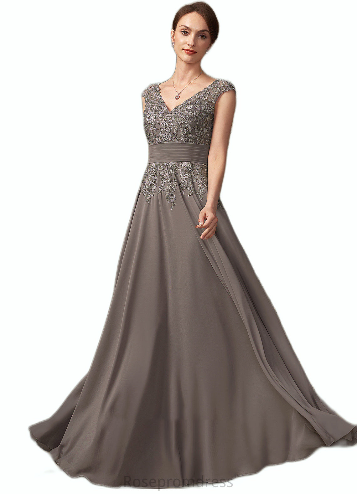Caitlyn A-Line V-neck Floor-Length Chiffon Lace Mother of the Bride Dress With Ruffle Sequins SRS126P0014870