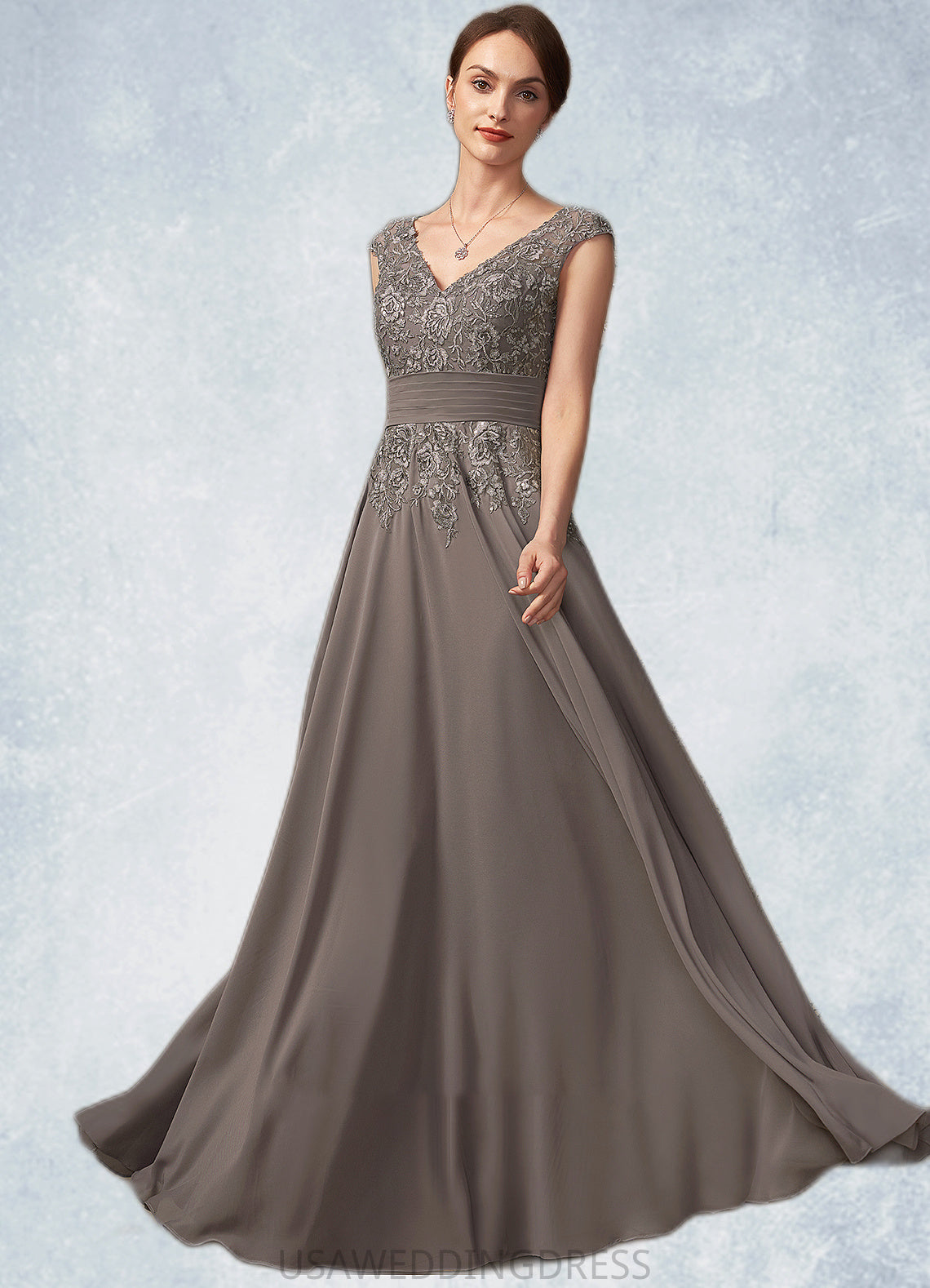 Haley A-Line V-neck Floor-Length Chiffon Lace Mother of the Bride Dress With Ruffle Sequins DS126P0014870