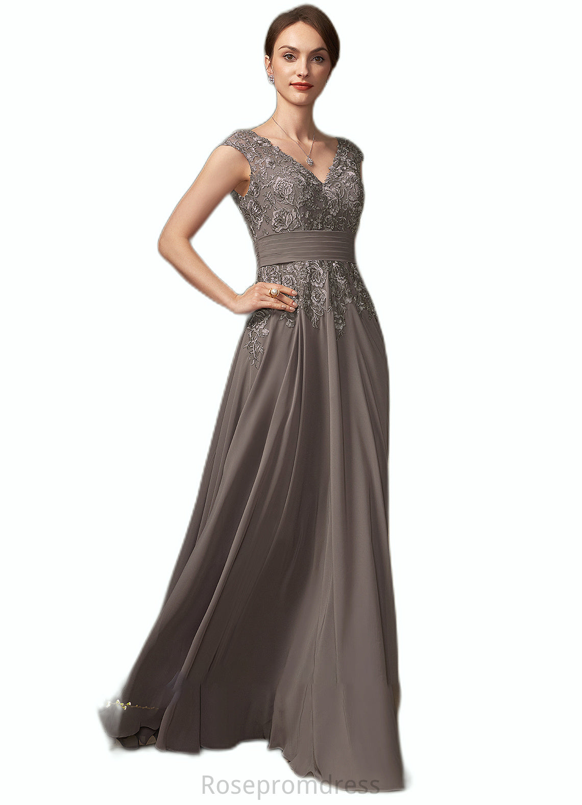 Caitlyn A-Line V-neck Floor-Length Chiffon Lace Mother of the Bride Dress With Ruffle Sequins SRS126P0014870
