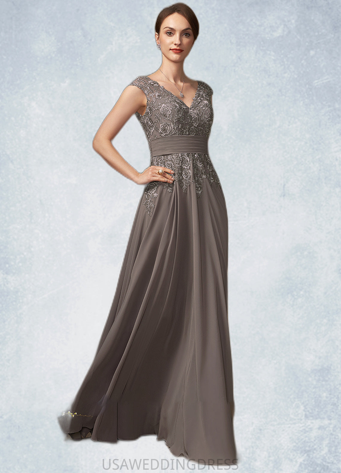 Haley A-Line V-neck Floor-Length Chiffon Lace Mother of the Bride Dress With Ruffle Sequins DS126P0014870