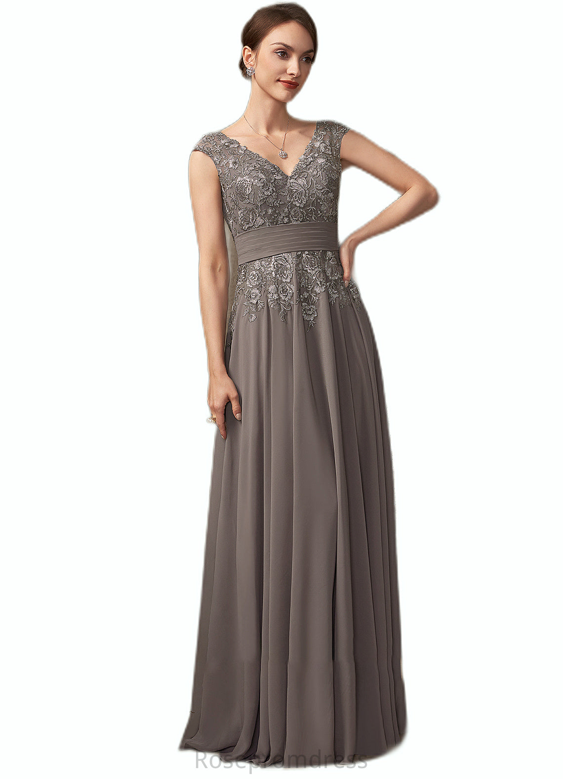 Caitlyn A-Line V-neck Floor-Length Chiffon Lace Mother of the Bride Dress With Ruffle Sequins SRS126P0014870