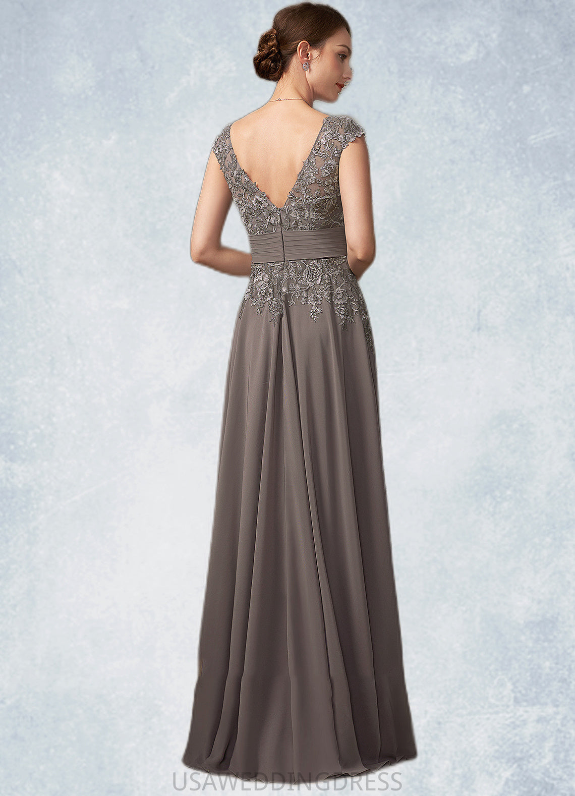 Haley A-Line V-neck Floor-Length Chiffon Lace Mother of the Bride Dress With Ruffle Sequins DS126P0014870