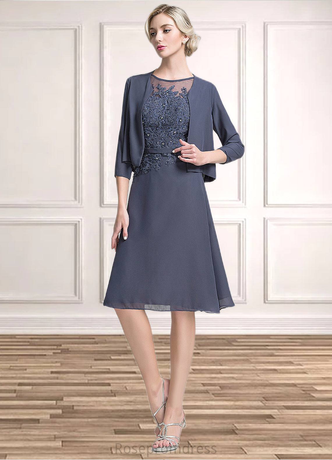 Teagan A-Line Scoop Neck Knee-Length Chiffon Mother of the Bride Dress With Beading Sequins SRS126P0014871