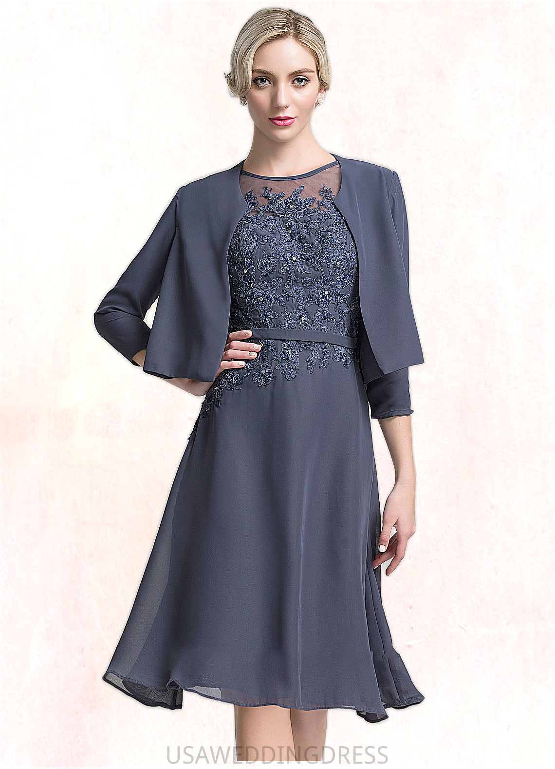 Zoe A-Line Scoop Neck Knee-Length Chiffon Mother of the Bride Dress With Beading Sequins DS126P0014871