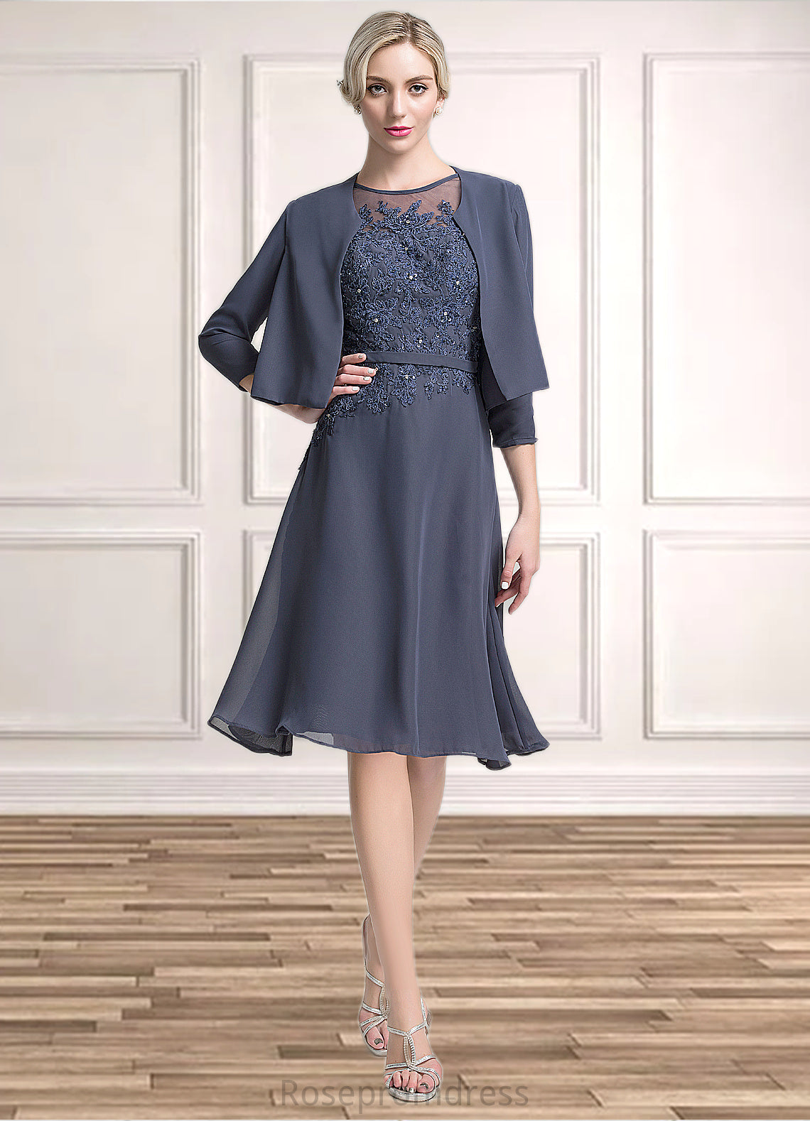 Teagan A-Line Scoop Neck Knee-Length Chiffon Mother of the Bride Dress With Beading Sequins SRS126P0014871