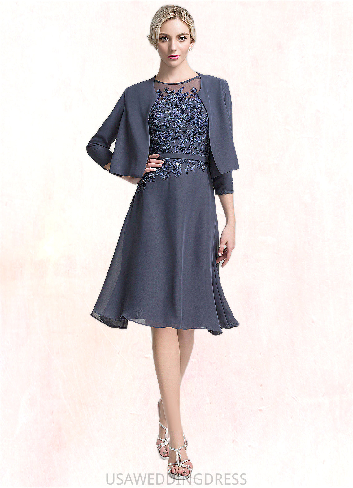 Zoe A-Line Scoop Neck Knee-Length Chiffon Mother of the Bride Dress With Beading Sequins DS126P0014871