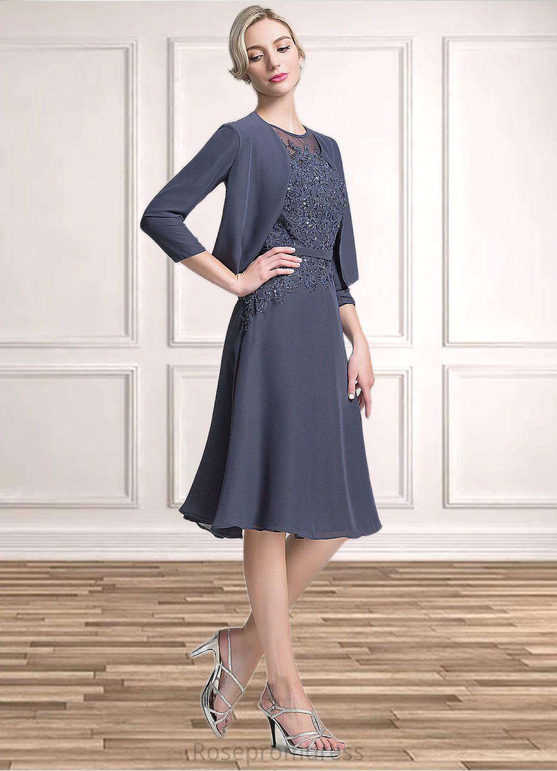 Teagan A-Line Scoop Neck Knee-Length Chiffon Mother of the Bride Dress With Beading Sequins SRS126P0014871