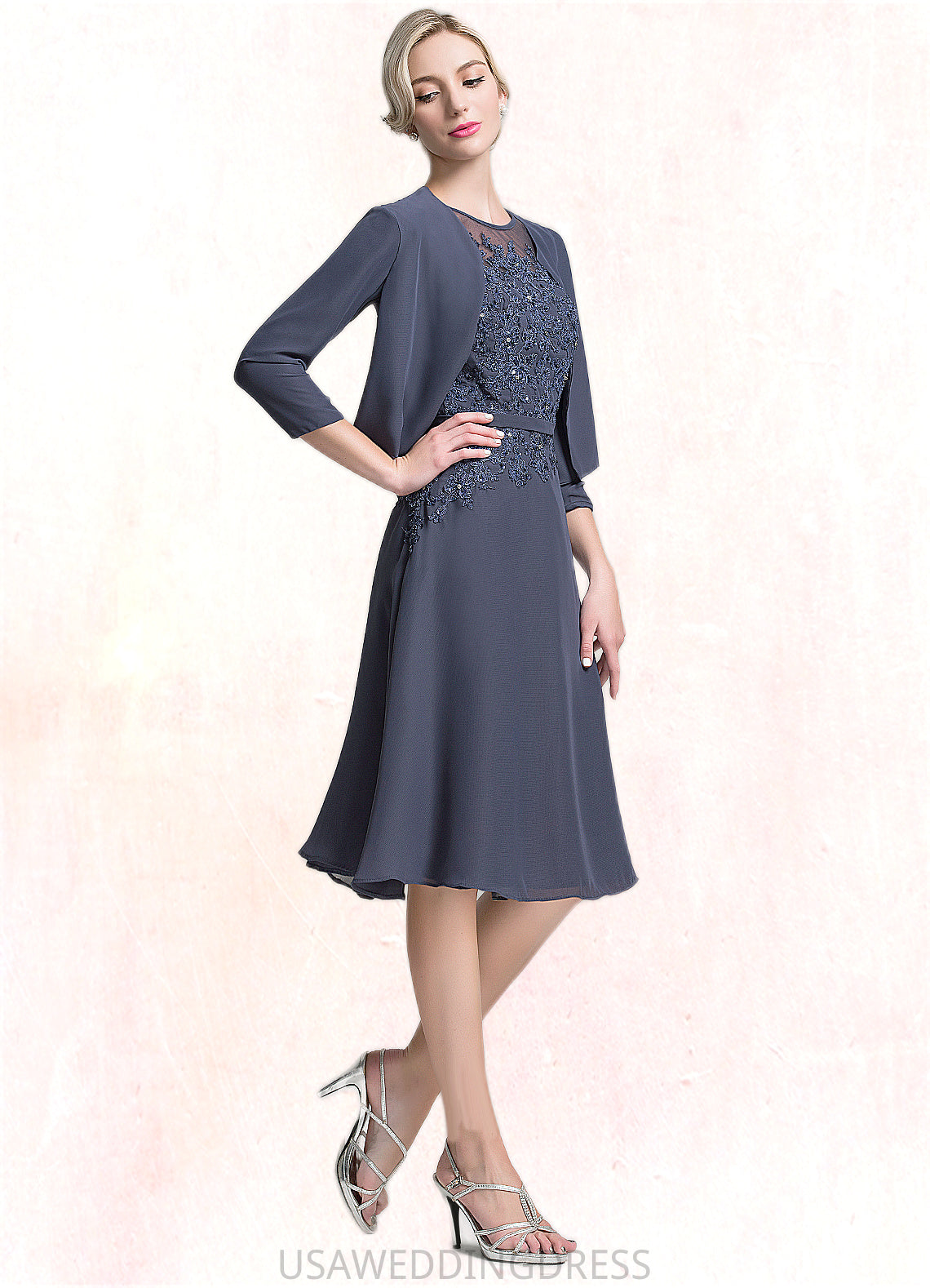 Zoe A-Line Scoop Neck Knee-Length Chiffon Mother of the Bride Dress With Beading Sequins DS126P0014871