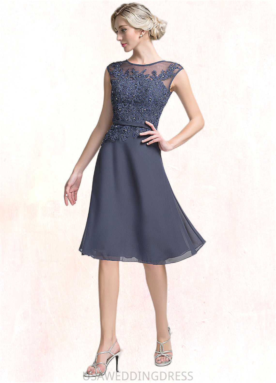 Zoe A-Line Scoop Neck Knee-Length Chiffon Mother of the Bride Dress With Beading Sequins DS126P0014871