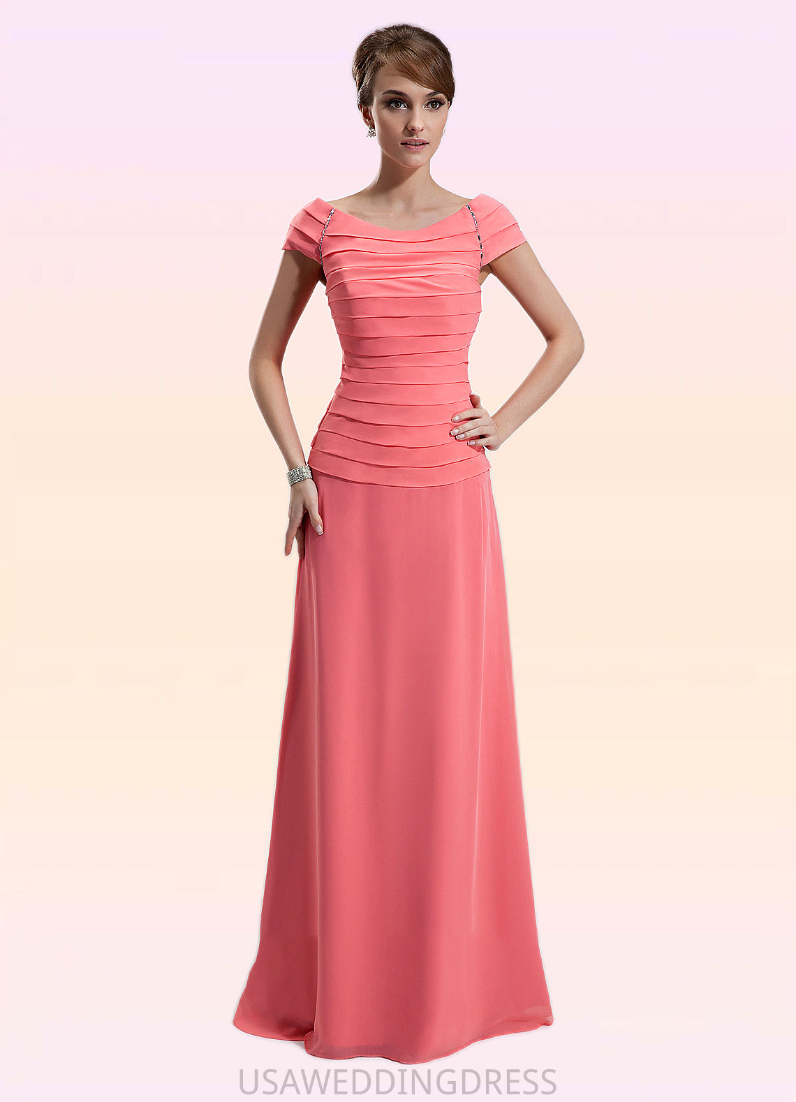 Violet A-Line Scoop Neck Floor-Length Chiffon Mother of the Bride Dress With Ruffle Beading DS126P0014872