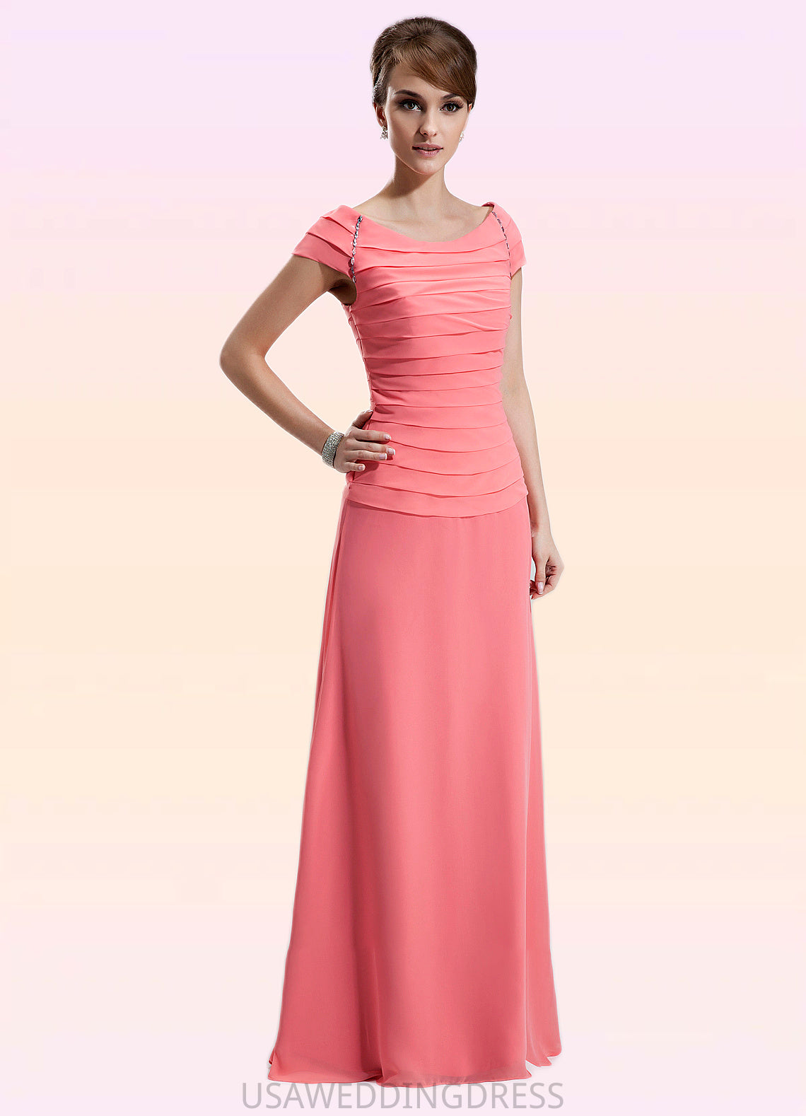 Violet A-Line Scoop Neck Floor-Length Chiffon Mother of the Bride Dress With Ruffle Beading DS126P0014872