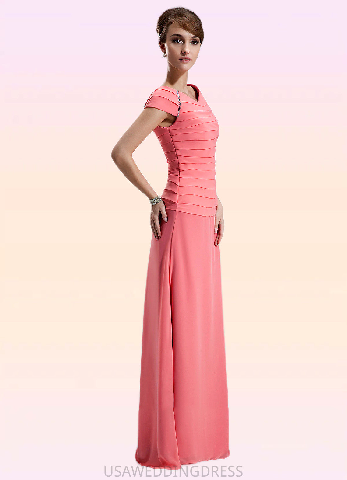 Violet A-Line Scoop Neck Floor-Length Chiffon Mother of the Bride Dress With Ruffle Beading DS126P0014872