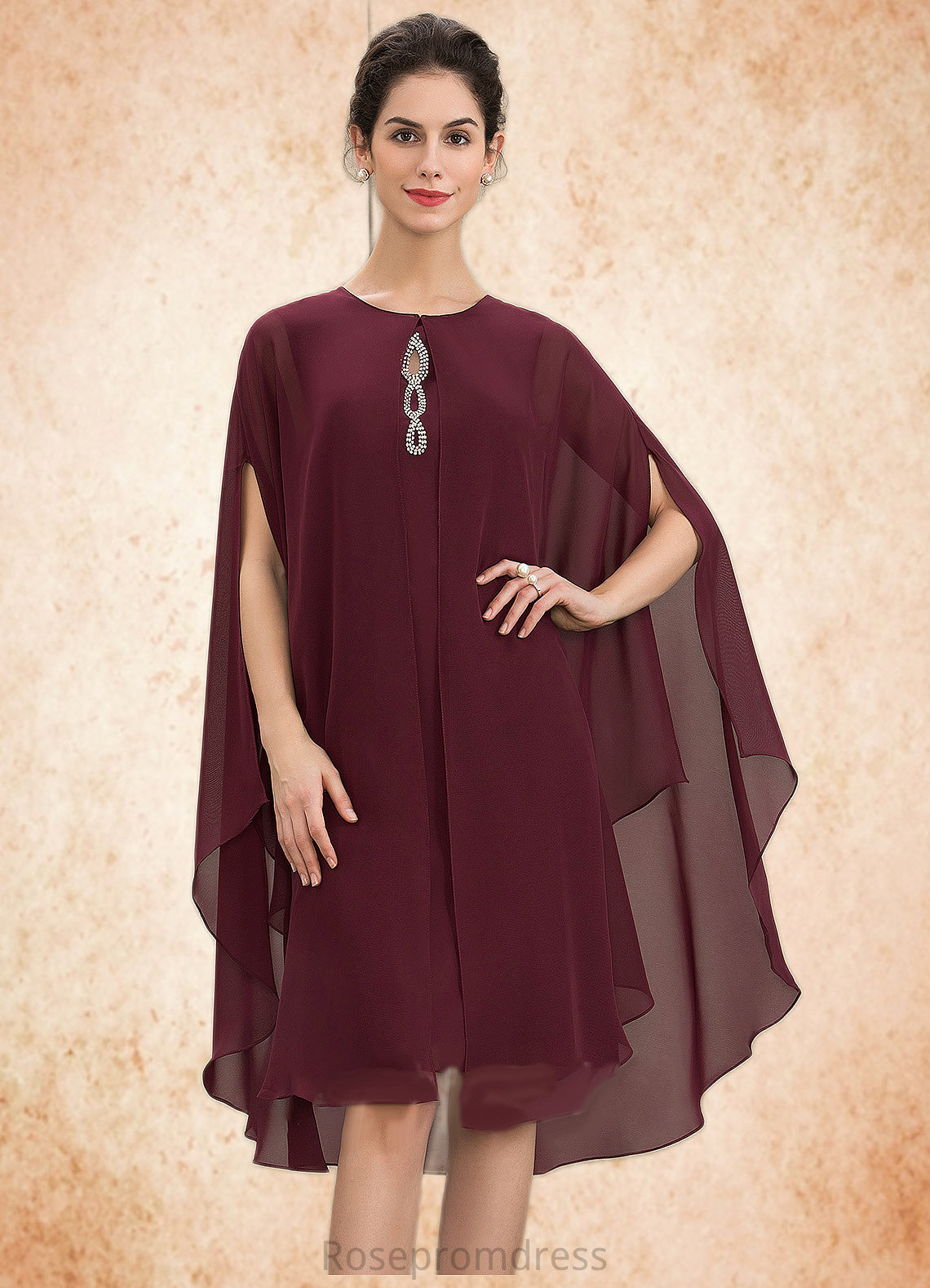 Jacey A-Line Scoop Neck Knee-Length Chiffon Mother of the Bride Dress With Beading SRS126P0014873