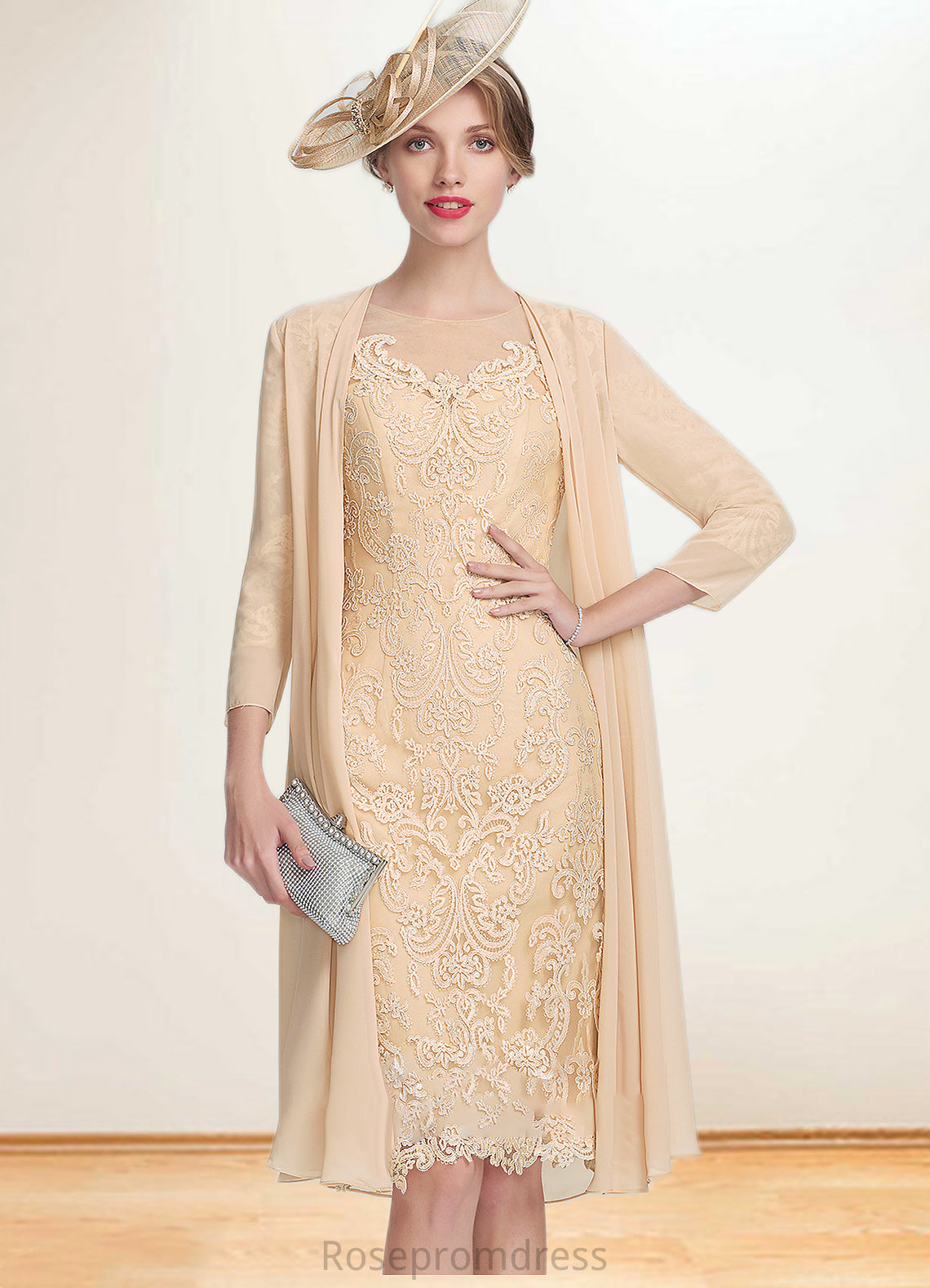 Josephine Sheath/Column Scoop Neck Knee-Length Lace Mother of the Bride Dress With Beading Sequins SRS126P0014874
