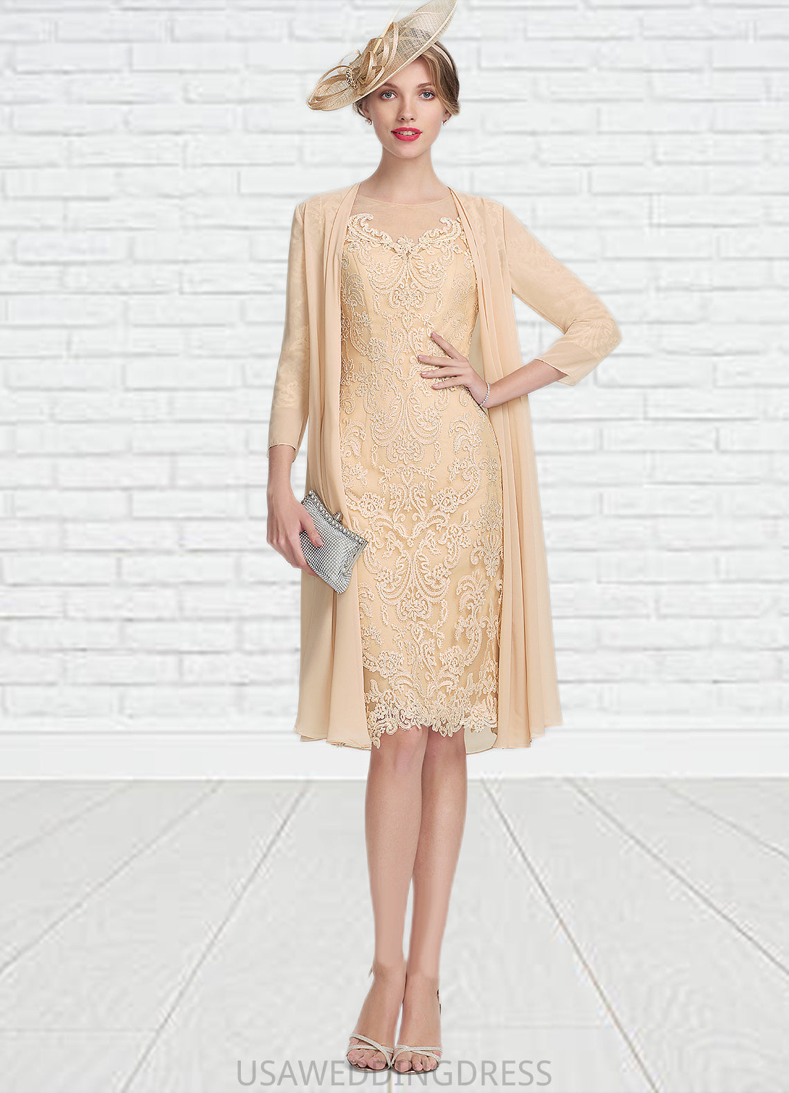 Gina Sheath/Column Scoop Neck Knee-Length Lace Mother of the Bride Dress With Beading Sequins DS126P0014874