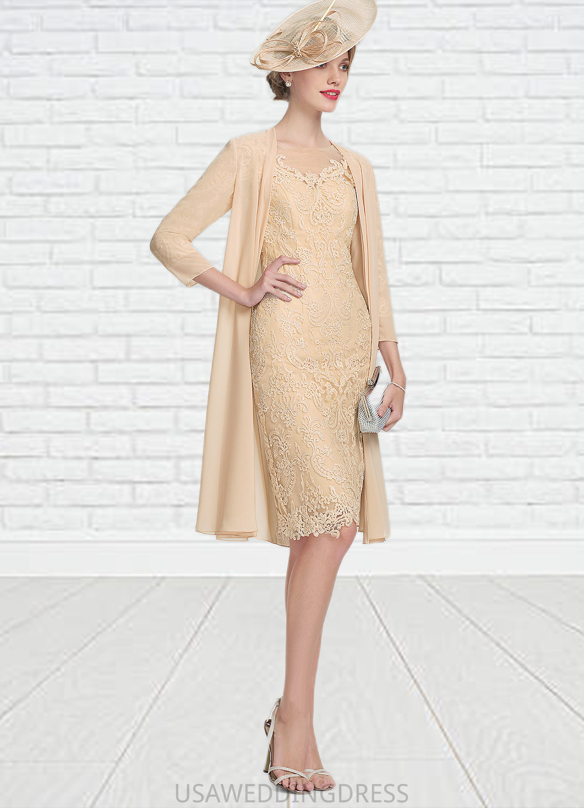 Gina Sheath/Column Scoop Neck Knee-Length Lace Mother of the Bride Dress With Beading Sequins DS126P0014874