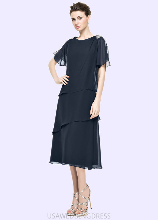 Jaslene A-Line Scoop Neck Tea-Length Chiffon Mother of the Bride Dress With Beading Sequins Cascading Ruffles DS126P0014875