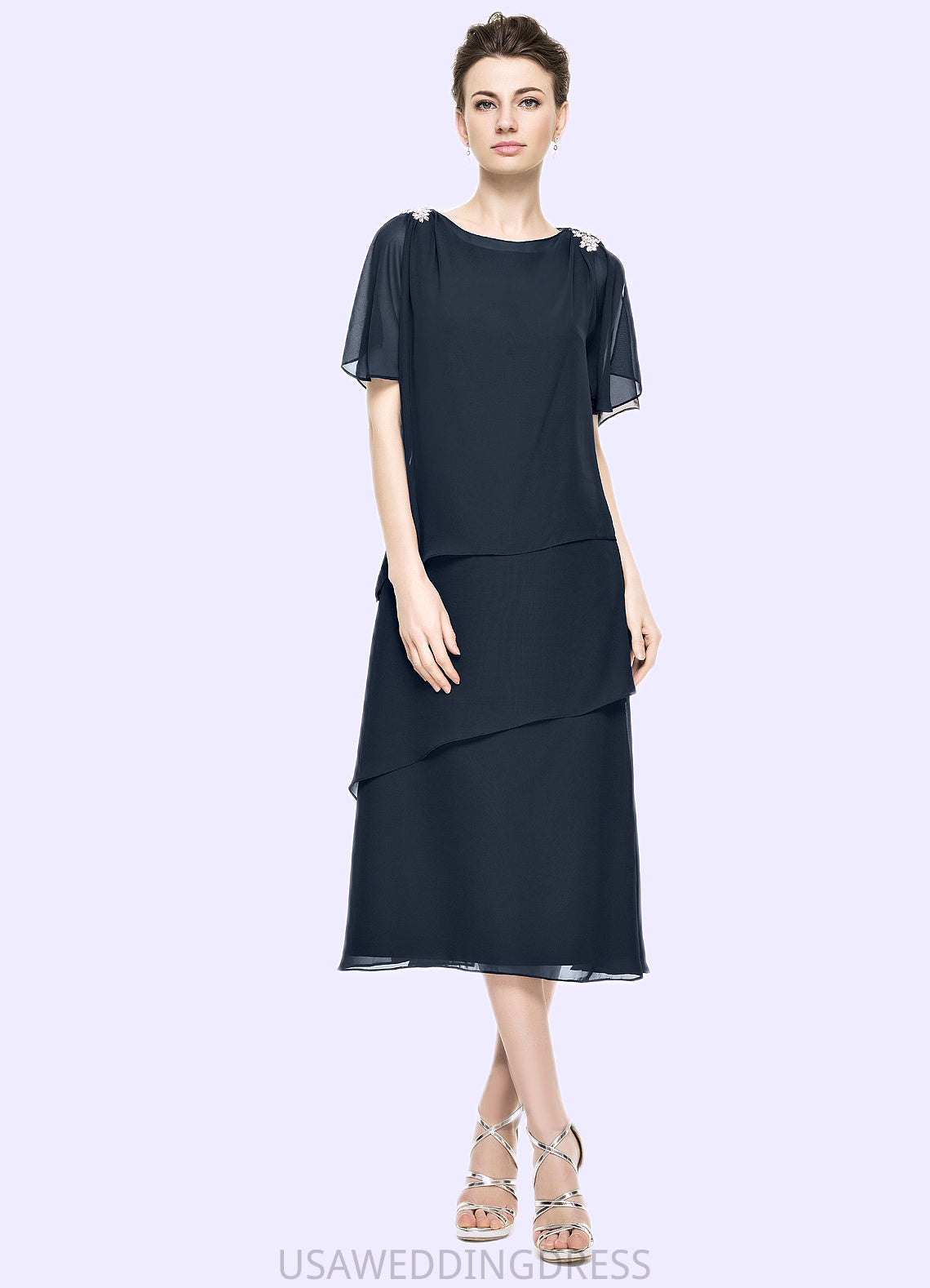 Jaslene A-Line Scoop Neck Tea-Length Chiffon Mother of the Bride Dress With Beading Sequins Cascading Ruffles DS126P0014875