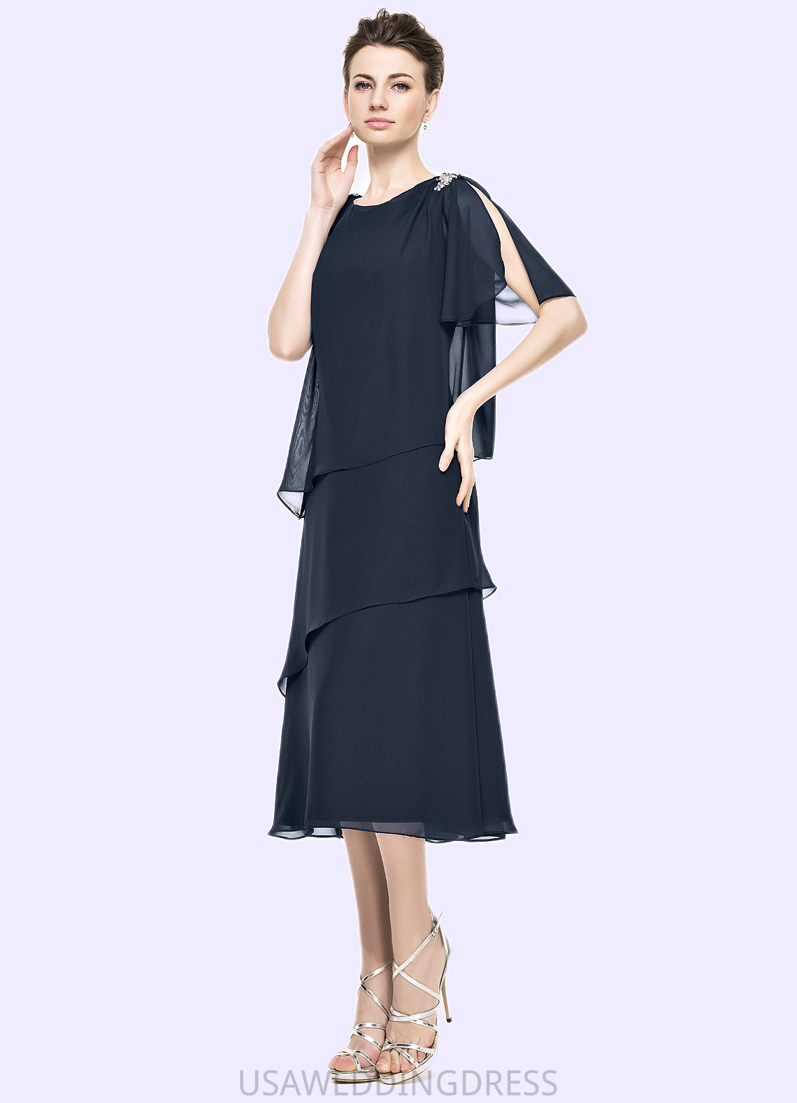 Jaslene A-Line Scoop Neck Tea-Length Chiffon Mother of the Bride Dress With Beading Sequins Cascading Ruffles DS126P0014875