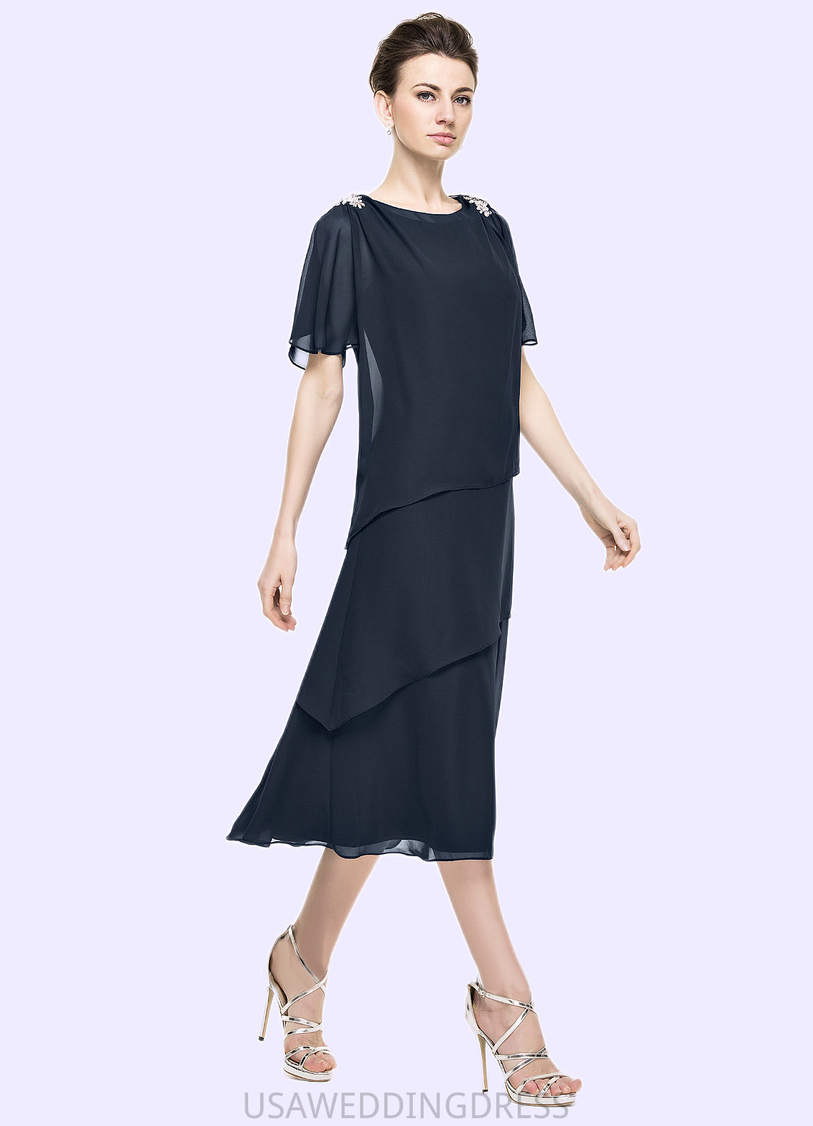 Jaslene A-Line Scoop Neck Tea-Length Chiffon Mother of the Bride Dress With Beading Sequins Cascading Ruffles DS126P0014875