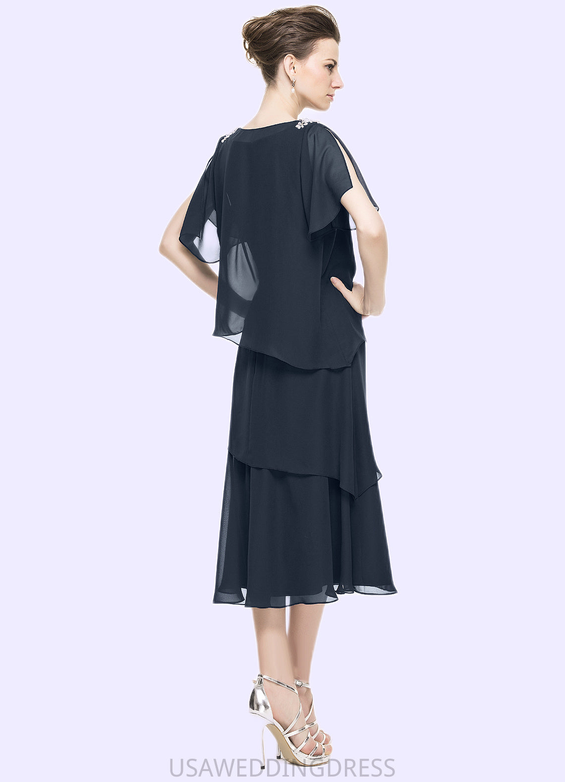 Jaslene A-Line Scoop Neck Tea-Length Chiffon Mother of the Bride Dress With Beading Sequins Cascading Ruffles DS126P0014875